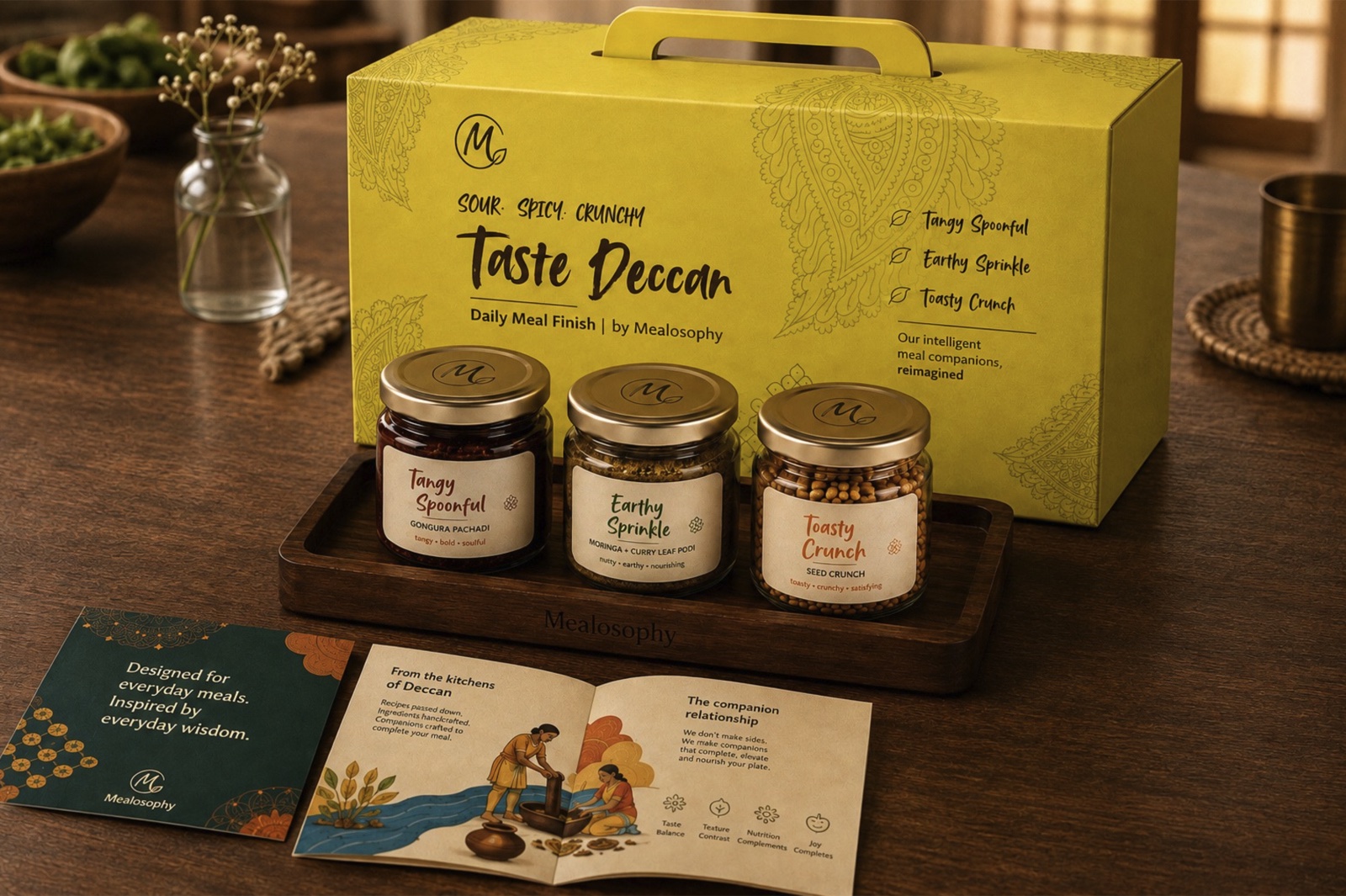 The Taste Deccan box, three jars and the story card laid out on a wooden table.