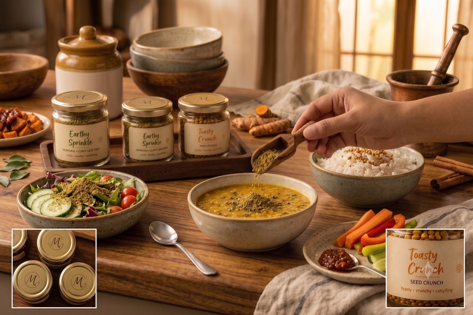 A Deccan meal spread with the three companions, salad, dal and rice.