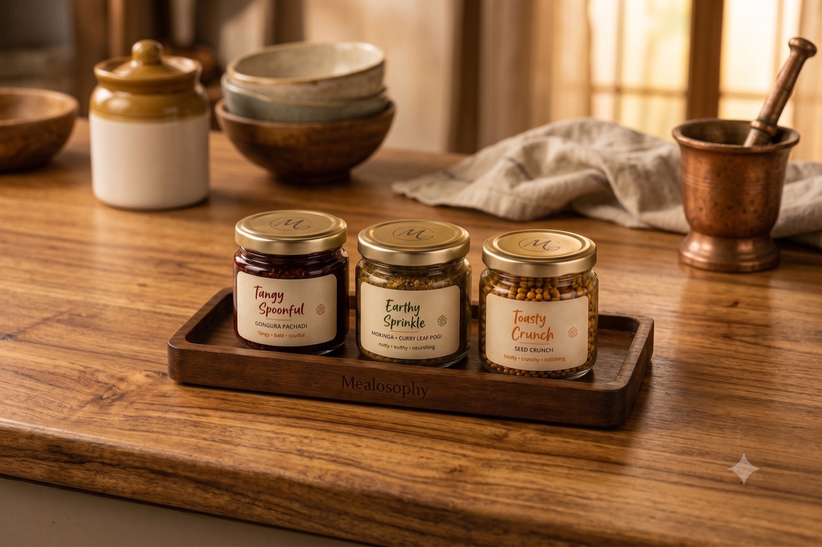 The three Taste Deccan companions, Tangy Spoonful, Earthy Sprinkle and Toasty Crunch, on a Mealosophy wooden tray.